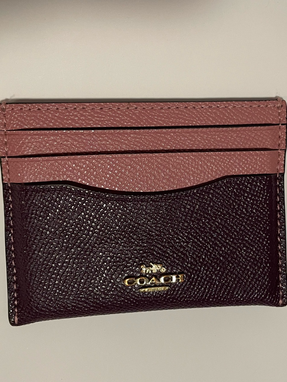 Coach Two-Tone Leather Card Holder in Dusty Pink & Plum with Gold Logo